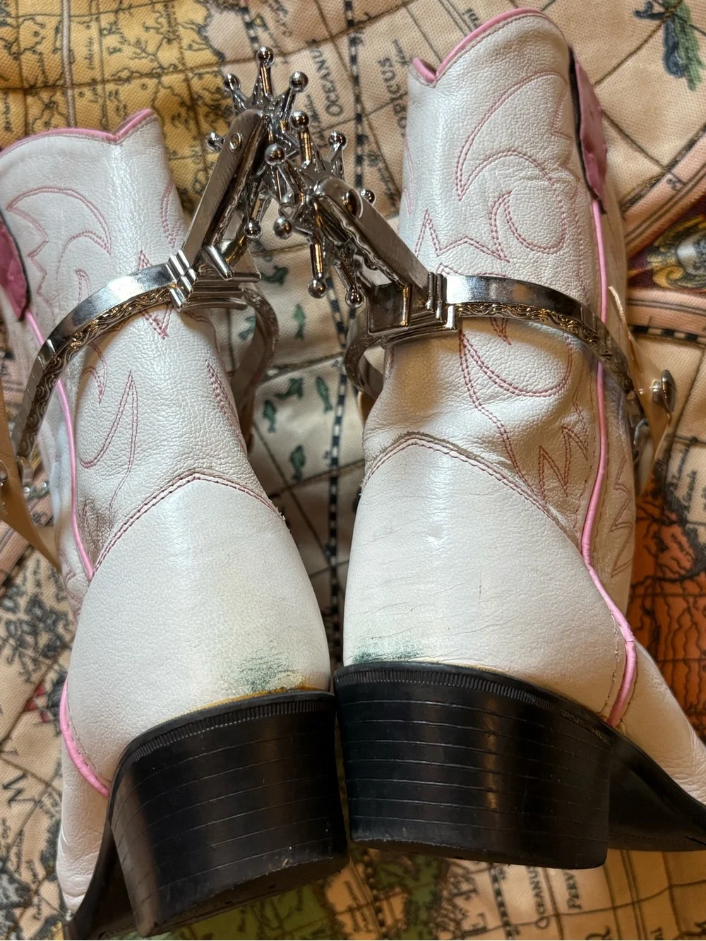 Old West Kids White and Pink Western Booties with Spurs